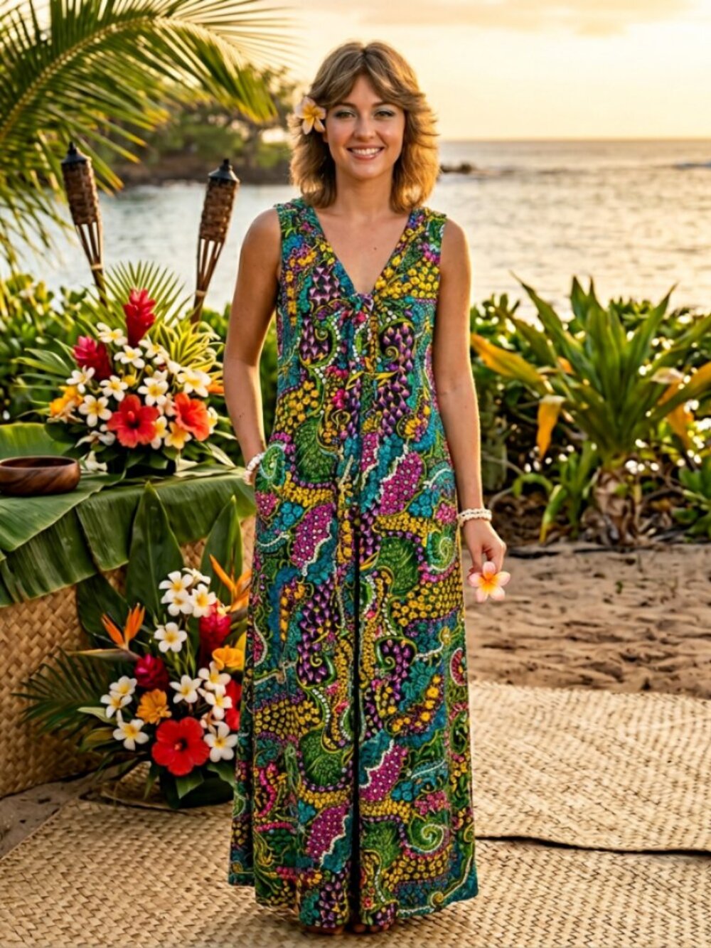 Vtg 60s 70s Dark Neon Psychedelic Floral Sleeveless Maxi Dress Boho Hippie